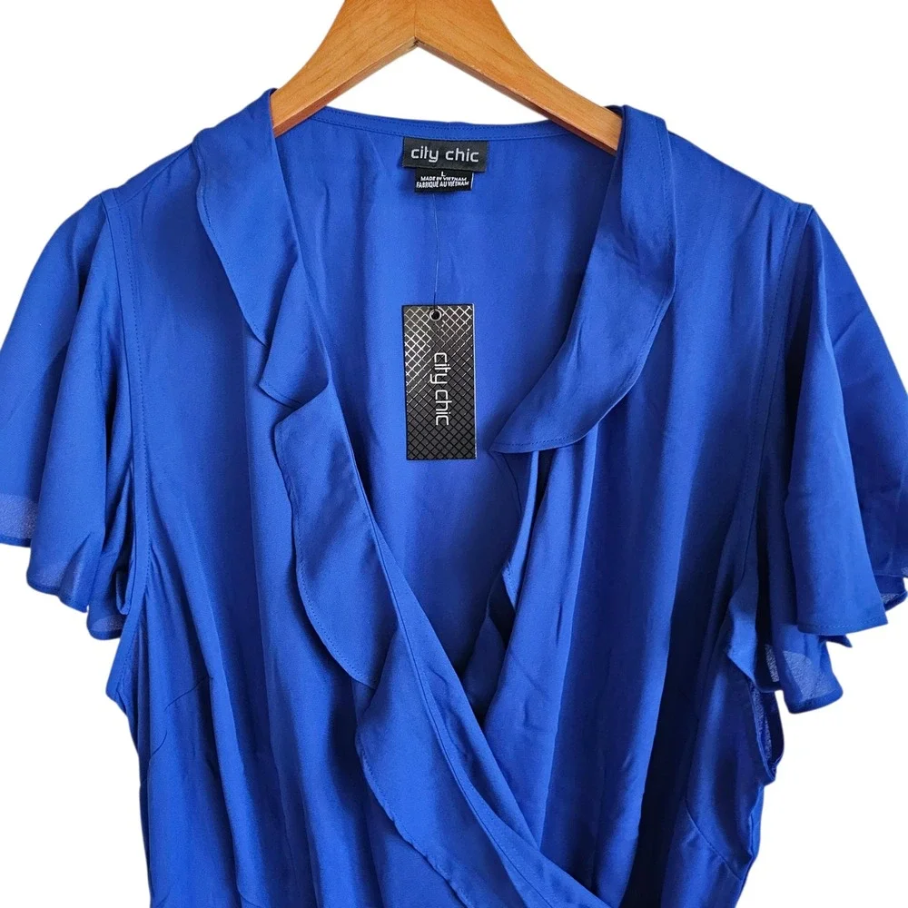 City Chic Women's Blue Ruffle Wrap Blouse Top Plus Size 2X 20 NWT - Picture 5 of 13